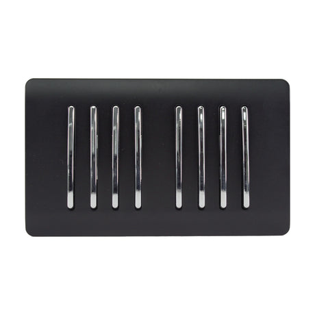 8 Gang Twin 2 Way Light Switch in matt black with eight chrome rocker switches on a screwless plate, shown on a plain white background.