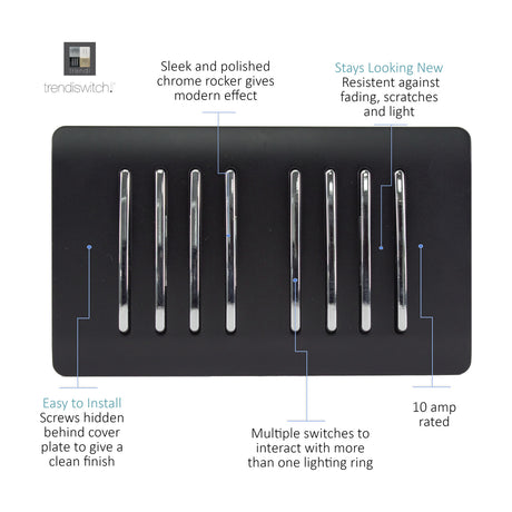 8 Gang Twin 2 Way Light Switch in matt black with eight chrome rocker switches on a screwless plate, shown on a white background.