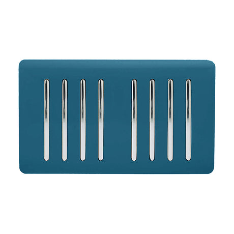 8 Gang Twin 2 Way Light Switch in midnight blue with a screwless landscape plate, eight chrome rocker switches, and no visible screwheads, shown on a plain white background.