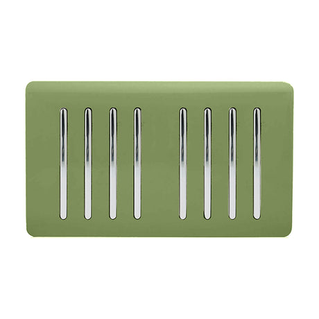8 Gang Twin 2 Way Light Switch in moss green with eight vertical chrome rockers on a screwless ABS plate, shown on a plain white background.