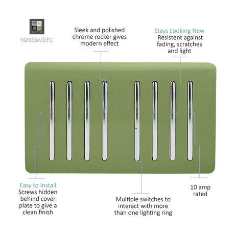 8 Gang Twin 2 Way Light Switch in moss green with eight chrome rocker switches on a screwless plate, shown on a plain white background.