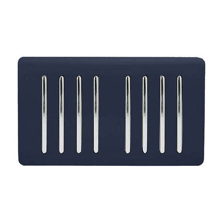 8 Gang Twin 2 Way Light Switch in navy blue with a screwless plate and eight chrome rockers, shown on a plain white background.