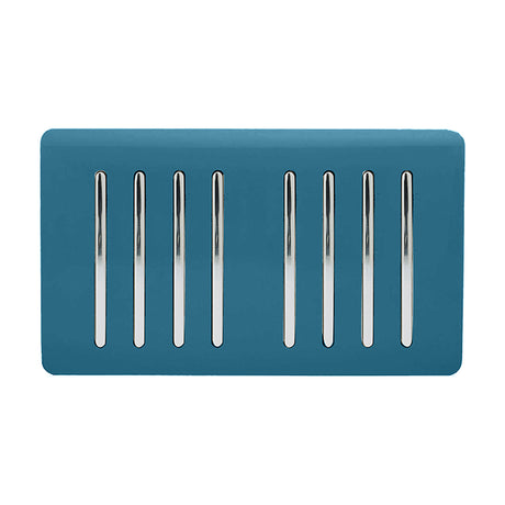 8 Gang Twin 2 Way Light Switch in ocean blue with a screwless plate and eight chrome rocker switches, shown on a plain white background.