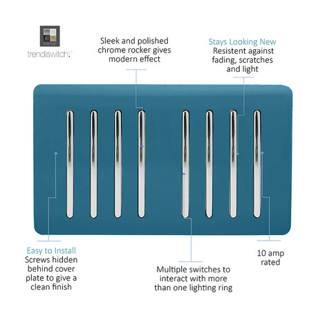 8 Gang Twin 2 Way Light Switch in ocean blue with a screwless plate and eight chrome rockers, shown on a plain white background.