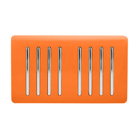 8 Gang Twin 2 Way Light Switch in orange with chrome rocker switches and a screwless faceplate, shown on a plain white background.