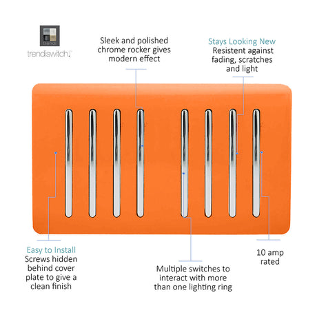 8 Gang Twin 2 Way Light Switch in orange with eight chrome rockers on a screwless ABS plate, 10 amp rated, shown on a white background.