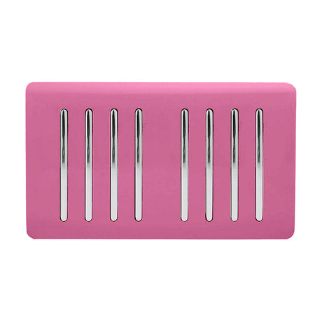 8 Gang Twin 2 Way Light Switch in pink with chrome rocker switches on a screwless plate, shown on a plain white background.