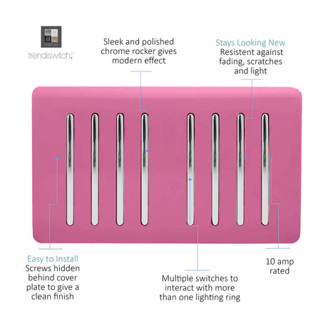 8 Gang Twin 2 Way Light Switch in pink with chrome rocker switches on a screwless plate, rated 10 amp, shown on a white background.