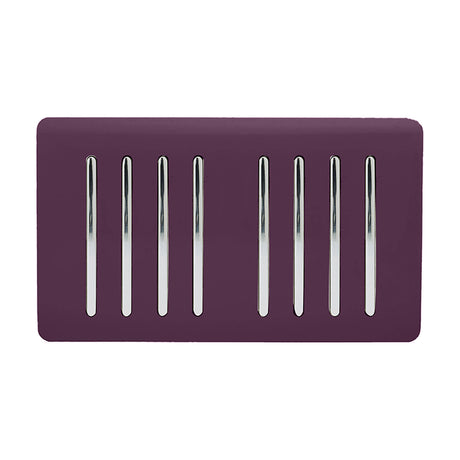 8 Gang Twin 2 Way Light Switch in plum with eight chrome rockers on a screwless plate, shown on a plain white background.