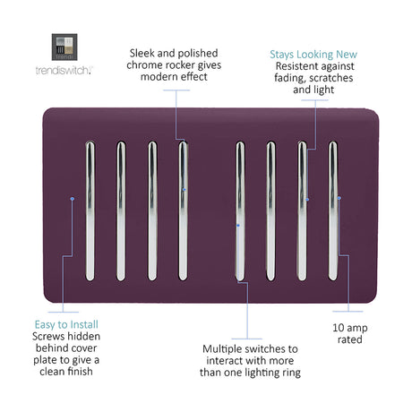 8 Gang Twin 2 Way Light Switch in plum with eight chrome rockers on a screwless plate, shown on a plain white background with feature callouts.