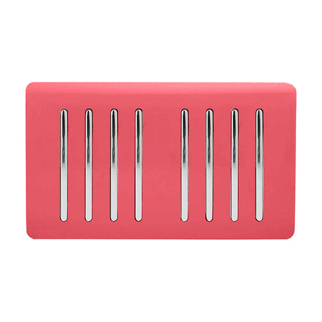 8 Gang Twin 2 Way Light Switch in strawberry pink with eight chrome rocker switches on a screwless plate, shown on a plain white background.