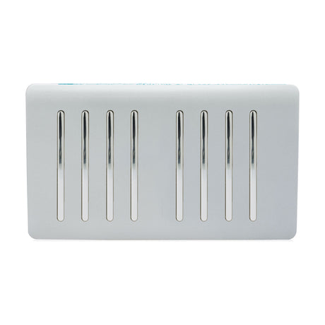 8 Gang Twin 2 Way Light Switch in platinum silver, screwless plate with eight vertical chrome-inset rockers, shown on a plain white background.