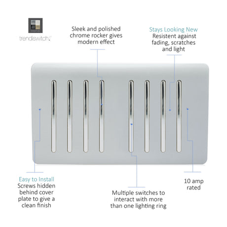 8 Gang Twin 2 Way Light Switch in platinum silver, screwless plate with eight chrome-insert rockers, shown on a white background with callouts on features.