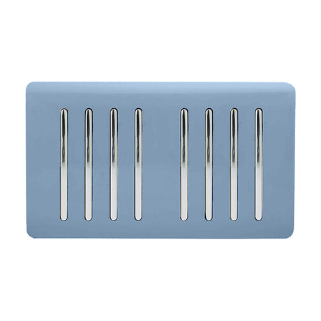 8 Gang Twin 2 Way Light Switch in sky blue with a screwless plate and eight vertical chrome rocker switches, shown on a plain white background.