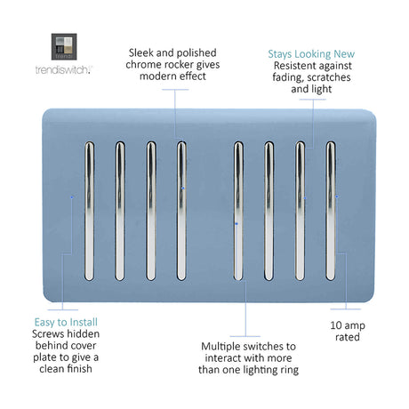 8 Gang Twin 2 Way Light Switch in sky blue with screwless plate and eight chrome rocker switches, shown on a plain white background.