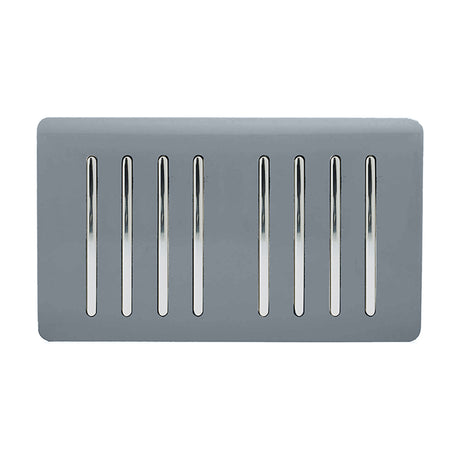 8 Gang Twin 2 Way Light Switch in warm grey with eight chrome rocker switches on a screwless rectangular plate, shown on a plain white background.