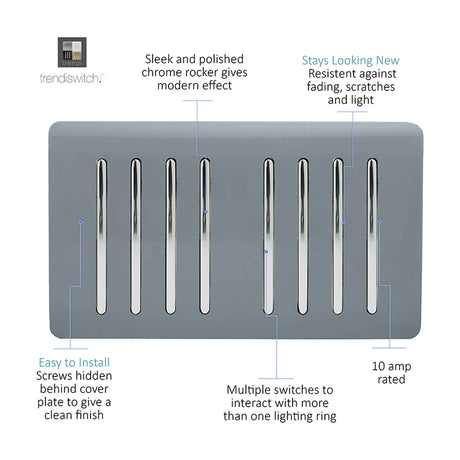 8 Gang Twin 2 Way Light Switch in warm grey with polished chrome rockers, screwless plate and hidden fixing screws, shown on a white background.