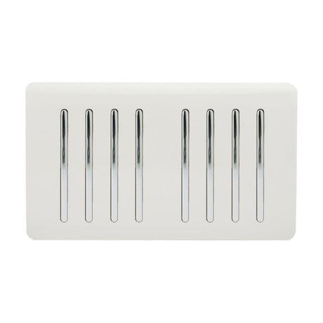 8 Gang Twin 2 Way Light Switch in ice white, screwless rectangular plate with eight chrome rocker switches, shown on a plain white background.