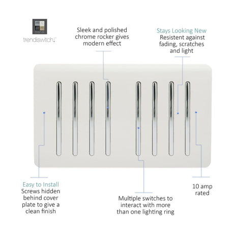 8 Gang Twin 2 Way Light Switch in Ice White with eight chrome rockers on a screwless white plate, shown with feature callouts on a white background.