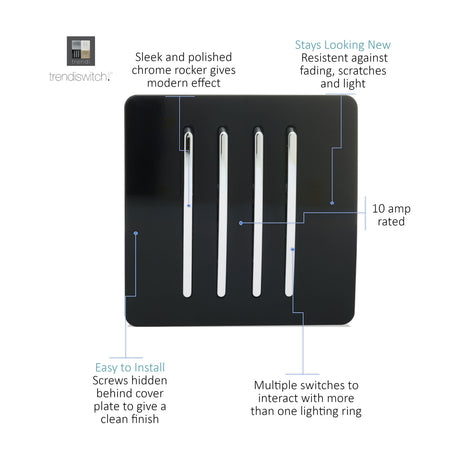 4 Gang Single 2 Way Light Switch - Piano Black