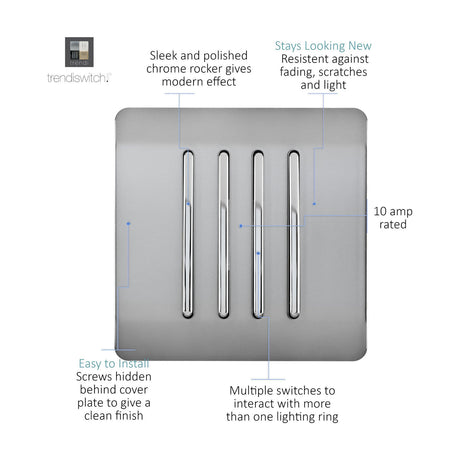 4 Gang Single 2 Way Light Switch - Brushed Steel