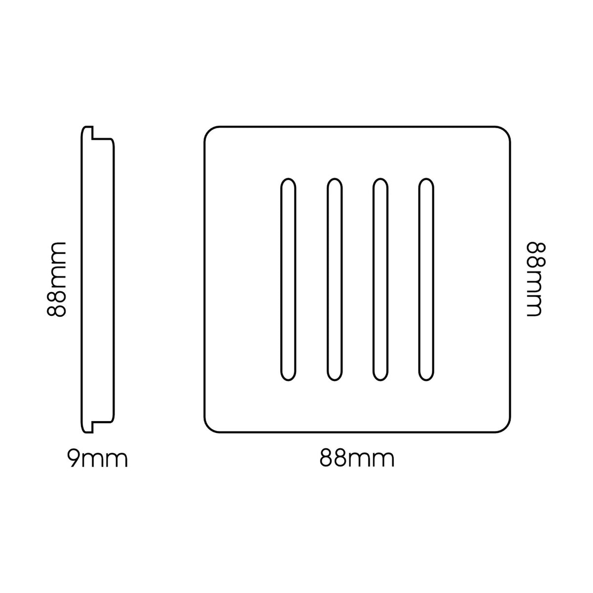 Front and side view of a 4 gang single 2 way light switch in carbon fibre finish with chrome rockers on a screwless 88mm square plate, 9mm depth, shown on a white background.