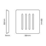 Front and side view of a 4 gang single 2 way light switch in carbon fibre finish with chrome rockers on a screwless 88mm square plate, 9mm depth, shown on a white background.
