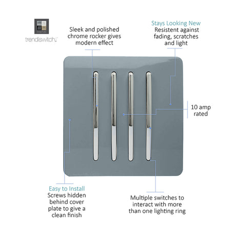 4 Gang Single 2 Way Light Switch - Cool Grey