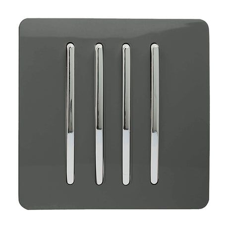 4 Gang Single 2 Way Light Switch in charcoal with screwless square plate and four vertical chrome rockers, shown on a white background.