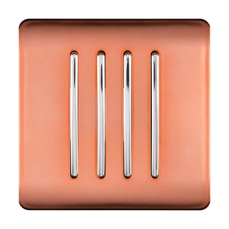 4 Gang Single 2 Way Light Switch in copper with four vertical chrome rocker switches on a screwless square plate, shown on a plain white background.