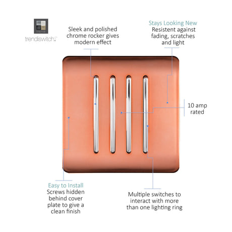 4 Gang Single 2 Way Light Switch in copper with four vertical chrome rockers on a screwless square plate, 10 amp rated, shown on a white background.