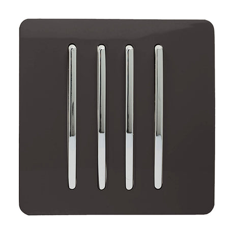 4 Gang Single 2 Way Light Switch in dark brown with a screwless square faceplate and four chrome rocker switches, shown on a plain white background.