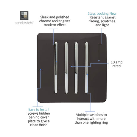 4 Gang Single 2 Way Light Switch in dark brown with screwless square faceplate and four polished chrome rocker switches, shown with feature callouts on a white background.