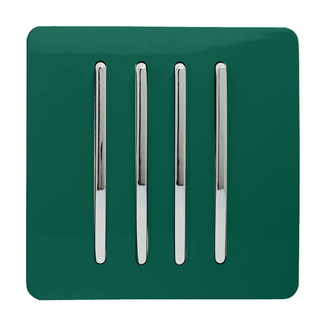 4 Gang Single 2 Way Light Switch in dark green, screwless square plate with four vertical chrome rockers, shown on a plain white background.