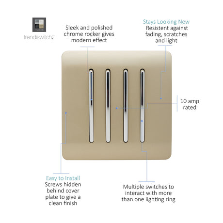 4 Gang Single 2 Way Light Switch - Champagne Gold