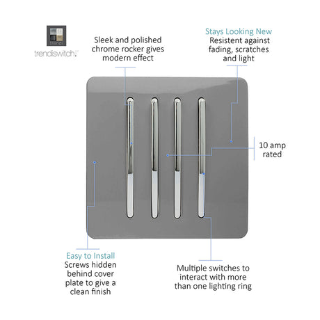 4 Gang Single 2 Way Light Switch - Light Grey