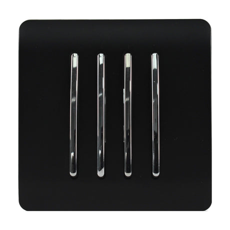 4 Gang Single 2 Way Light Switch in matt black with four vertical chrome rockers on a screwless square plate, shown on a plain white background.