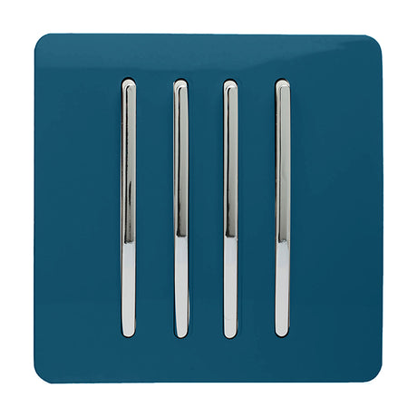 4 Gang Single 2 Way Light Switch in midnight blue with a screwless square plate and four vertical chrome rockers, shown on a plain white background.