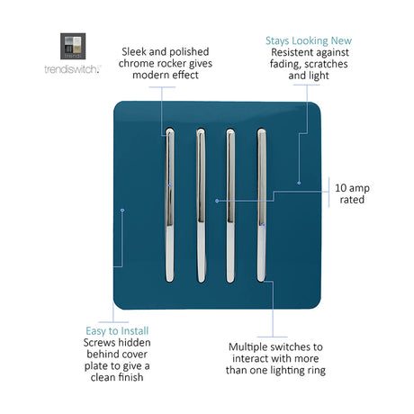 4 Gang Single 2 Way Light Switch in midnight blue with screwless square plate and four polished chrome rockers, rated 10 amp, on a white background.