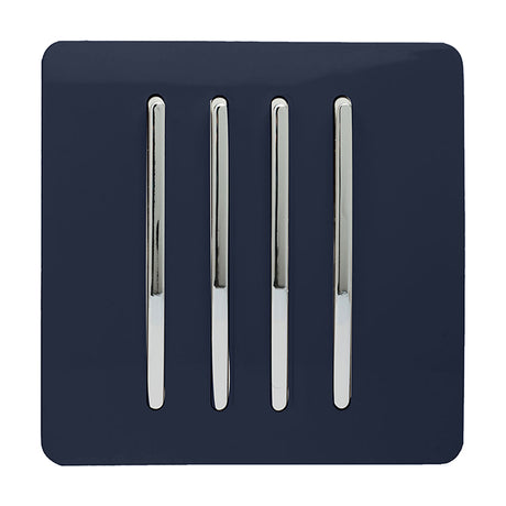 4 Gang Single 2 Way Light Switch in Navy Blue with a screwless square plate and four chrome-trimmed rocker switches, shown on a plain white background.