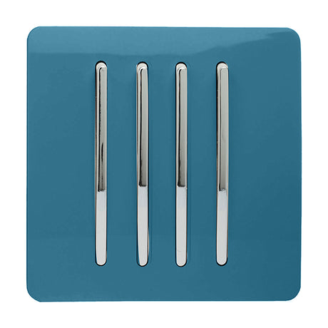 4 Gang Single 2 Way Light Switch in Ocean Blue with four chrome rocker switches on a screwless square plate, shown on a white background.