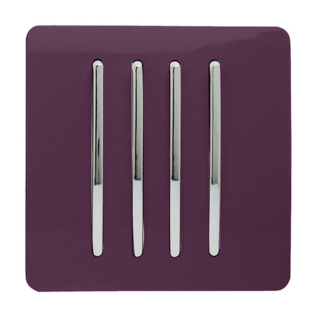 4 Gang Single 2 Way Light Switch in plum with chrome rocker switches on a screwless square plate, shown on a plain white background.