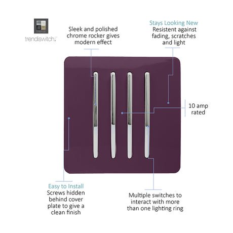 4 Gang Single 2 Way Light Switch in plum with chrome rockers on a screwless square plate, 10 amp rated, shown with callout labels on a white background.