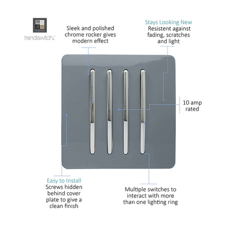 4 Gang Single 2 Way Light Switch - Warm Grey