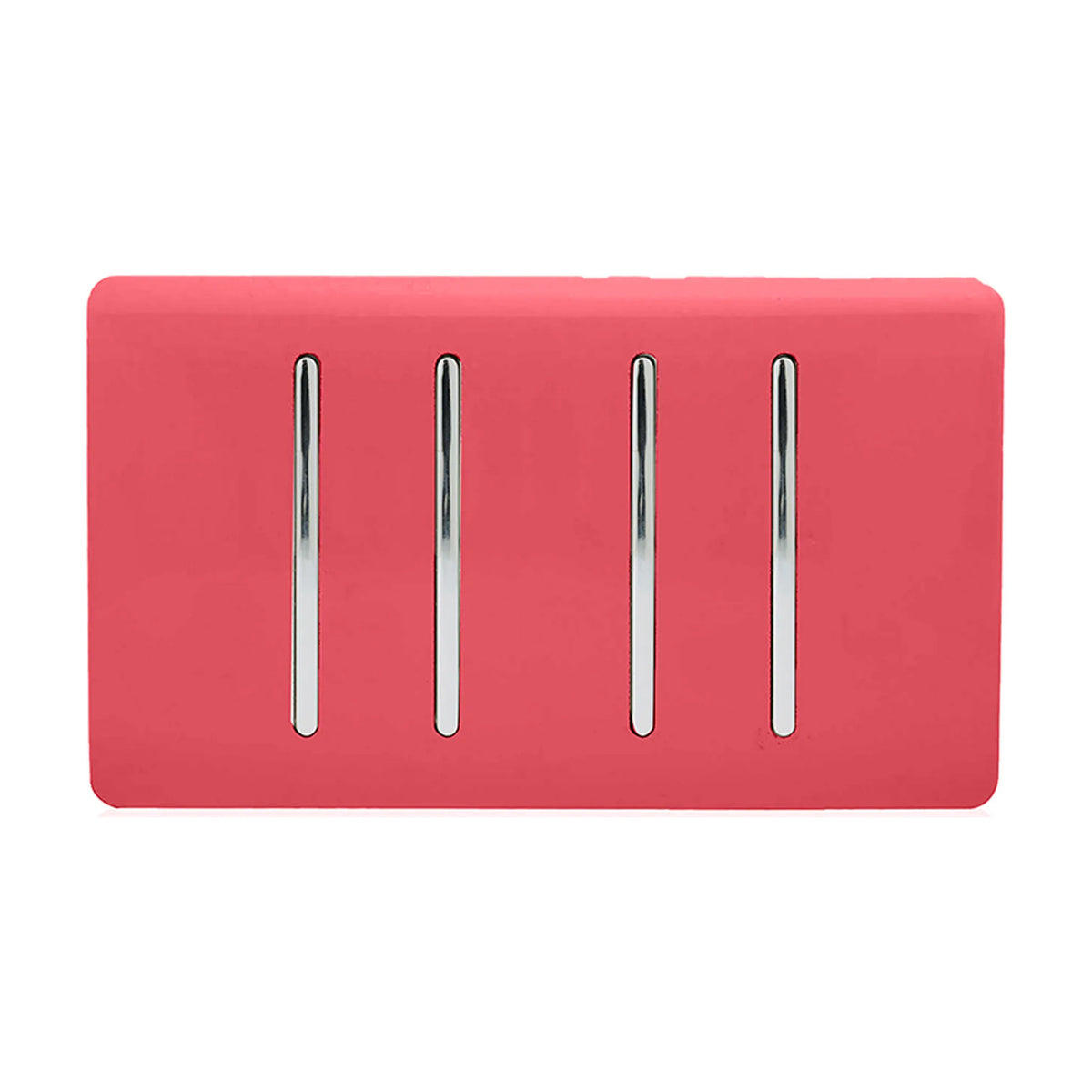4 Gang Light Switch 4x3 Way in strawberry with chrome rocker inserts on a screwless plate, shown against a plain white background.