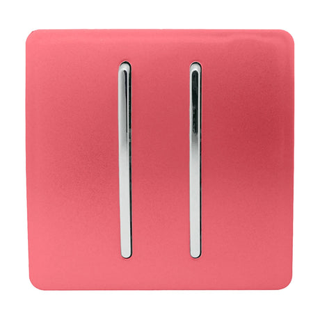 2 Gang Light Switch 2x3 Way in strawberry, a screwless flat plate with two vertical rockers and chrome trim, shown on a plain white background.