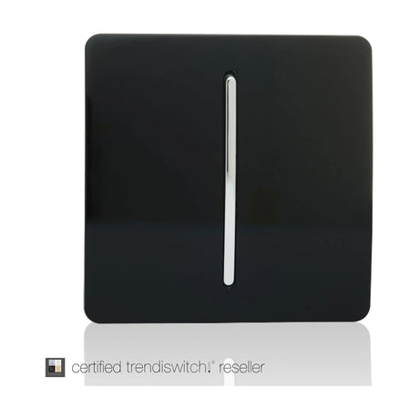 1 Gang 3 Way Light Switch in piano black, shown upright on a plain white background.