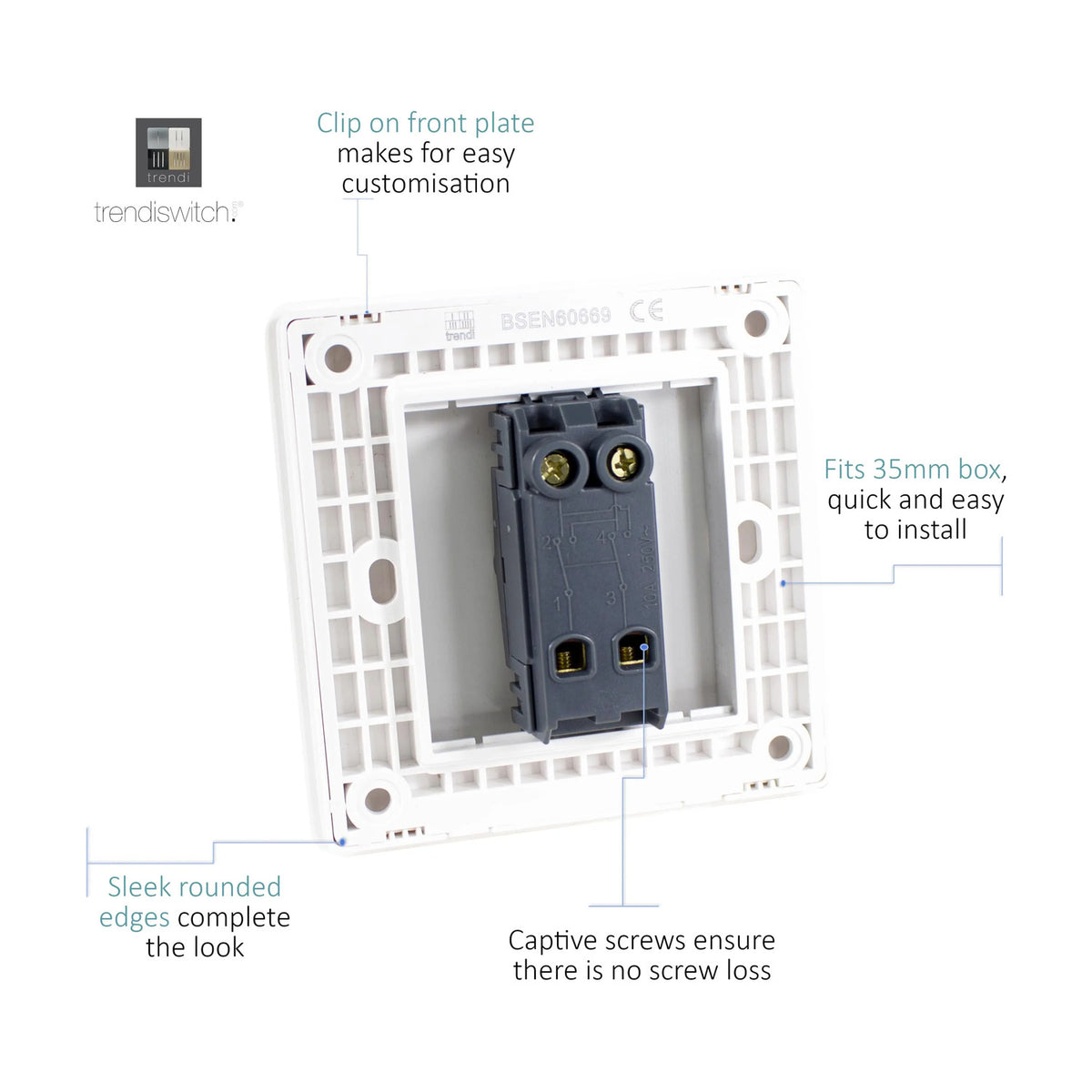 Rear view of a 1 Gang 3 Way Light Switch in Carbon Fibre showing the white mounting plate, screwless clip-on front, captive screws, and terminal block for a 35mm box.