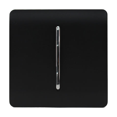 Screwless matt black 1 gang 3 way light switch with a single vertical chrome rocker, square plate with eased edges, shown on a plain white background.