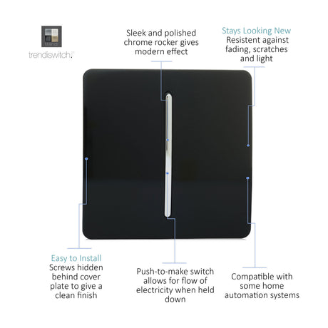 1 Gang Retractive Light Switch in Piano Black, screwless square plate with vertical chrome rocker insert, shown on a white background with feature callouts.